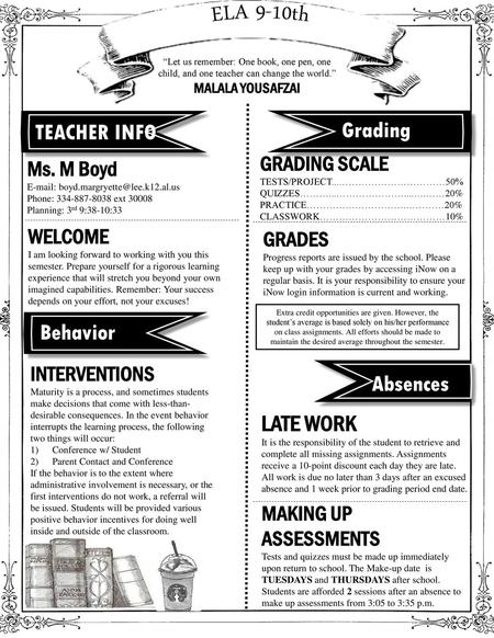 ELA 9-10th Grading TEACHER INFO Behavior Absences LATE WORK