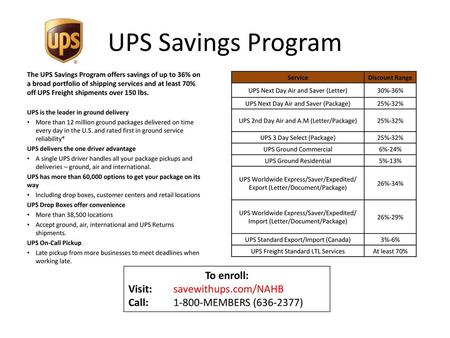 UPS Savings Program To enroll: Visit: savewithups.com/NAHB