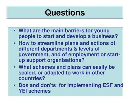 Questions What are the main barriers for young people to start and develop a business? How to streamline plans and actions of different departments & levels.