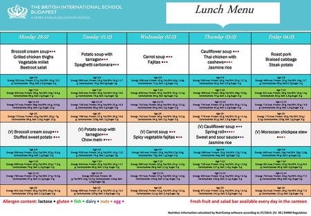 Lunch Menu Monday Tuesday Wednesday Thursday 03.03