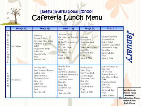 Daegu International School Cafeteria Lunch Menu