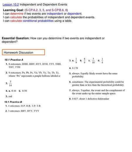 Lesson 10.2 Independent and Dependent Events