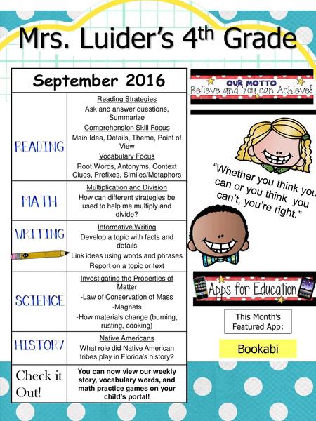 Mrs. Luider’s 4th Grade September 2016 Check it Out! Bookabi