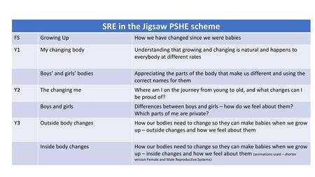 SRE in the Jigsaw PSHE scheme