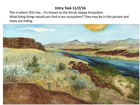 Entry Task 11/2/16 This is where YOU live… it’s known as the Shrub steppe Ecosystem. What living things would you find in our ecosystem? They may be in.