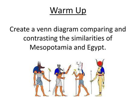 Warm Up Create a venn diagram comparing and contrasting the similarities of Mesopotamia and Egypt.