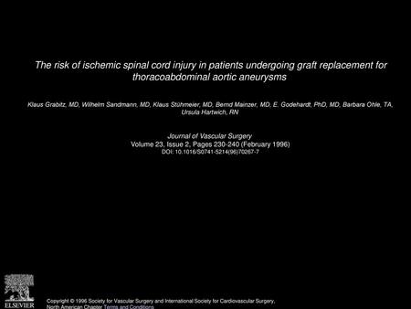 The risk of ischemic spinal cord injury in patients undergoing graft replacement for thoracoabdominal aortic aneurysms  Klaus Grabitz, MD, Wilhelm Sandmann,