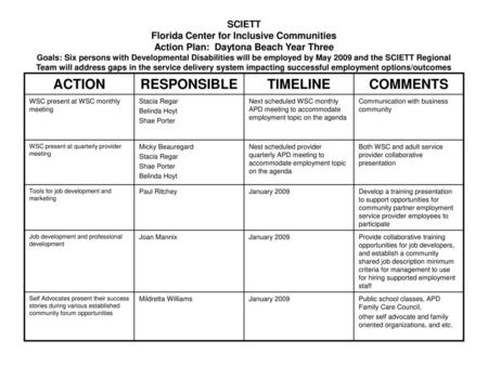 ACTION RESPONSIBLE TIMELINE COMMENTS