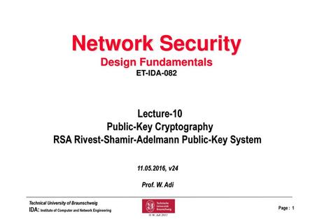 Public-Key Cryptography RSA Rivest-Shamir-Adelmann Public-Key System