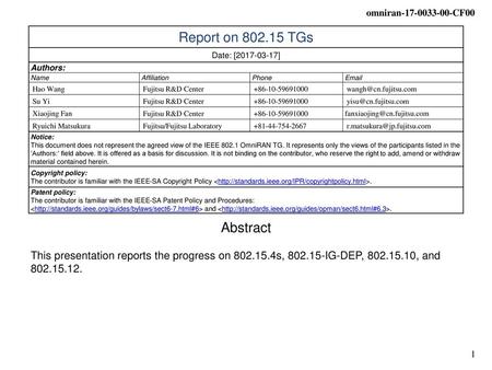 Report on TGs Date: [ ] Authors: Name Affiliation Phone  Hao Wang