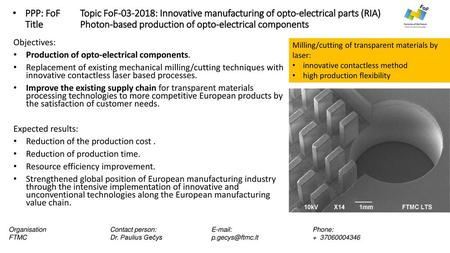 PPP: FoF	Topic FoF-03-2018: Innovative manufacturing of opto-electrical parts (RIA)	 Title 	Photon-based production of opto-electrical components.