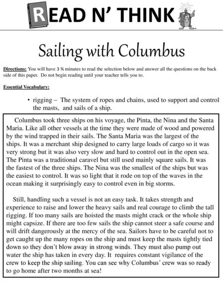 R EAD N’ THINK Sailing with Columbus