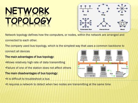 Network Topology Network topology defines how the computers, or nodes, within the network are arranged and connected to each other. The company used bus.