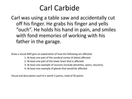 Carl Carbide Carl was using a table saw and accidentally cut off his finger. He grabs his finger and yells “ouch”. He holds his hand in pain, and smiles.