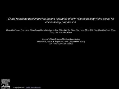 Citrus reticulata peel improves patient tolerance of low-volume polyethylene glycol for colonoscopy preparation  Hung-Chieh Lan, Ying Liang, Hsiu-Chuan.