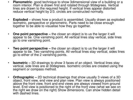 Planometric- good technique to show 3dimensional view of a building or a room interior. Plan is drawn first and rotated through 90degrees. Vertical lines.