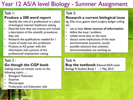 Year 12 AS/A level Biology - Summer Assignment