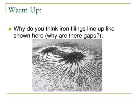 Warm Up: Why do you think iron filings line up like shown here (why are there gaps?):