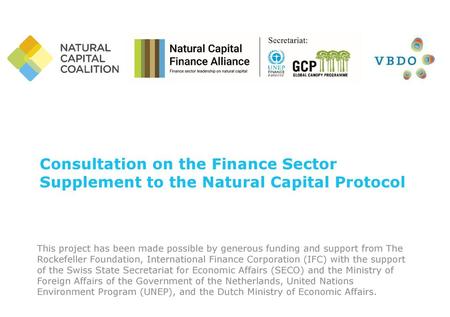 Consultation on the Finance Sector Supplement to the Natural Capital Protocol This project has been made possible by generous funding and support from.