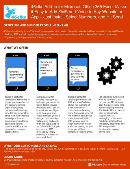 46elks Add-In for Microsoft Office 365 Excel Makes it Easy to Add SMS and Voice to Any Website or App – Just Install, Select Numbers, and Hit Send OFFICE.