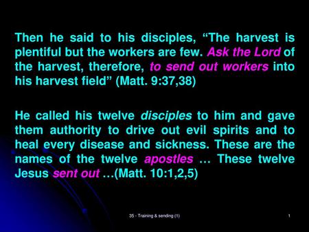 Then he said to his disciples, “The harvest is plentiful but the workers are few. Ask the Lord of the harvest, therefore, to send out workers into his.