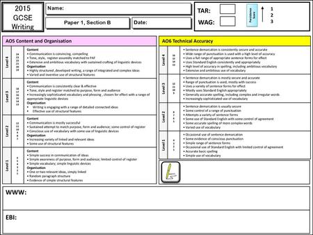 2015 GCSE Writing TAR: WAG: WWW: EBI: Name: 123 Paper 1, Section B