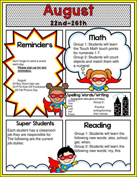 August Math Reminders Reading 22nd-26th Super Students