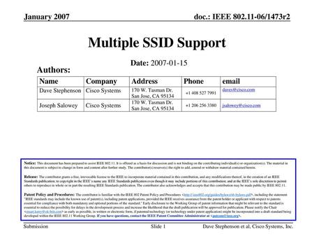 Multiple SSID Support Authors: January 2007 Date: