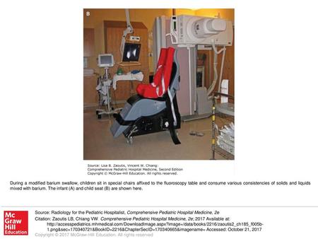 During a modified barium swallow, children sit in special chairs affixed to the fluoroscopy table and consume various consistencies of solids and liquids.