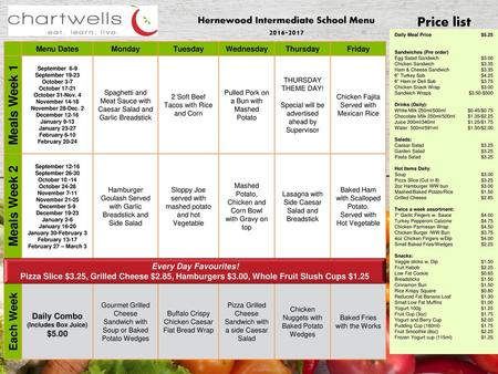 Price list Meals Week 1 Meals Week 2 Each Week