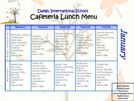 Daegu International School Cafeteria Lunch Menu