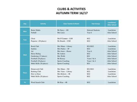 CLUBS & ACTIVITIES AUTUMN TERM 16/17