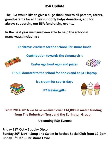 RSA Update The RSA would like to give a huge thank you to all parents, carers, grandparents for all their support/ help/ donations, and for always supporting.