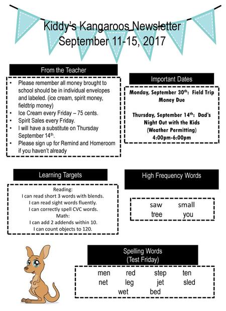 Kiddy’s Kangaroos Newsletter September 11-15, 2017