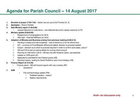 Agenda for Parish Council – 14 August 2017