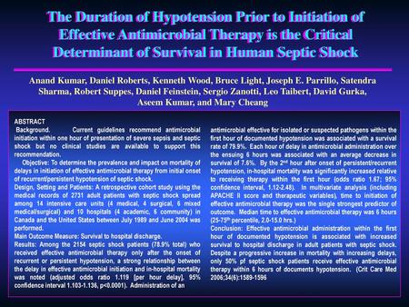 The Duration of Hypotension Prior to Initiation of Effective Antimicrobial Therapy is the Critical Determinant of Survival in Human Septic Shock Anand.