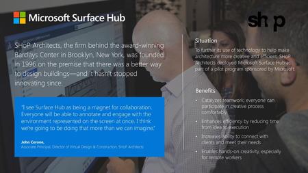 Situation To further its use of technology to help make architecture more creative and efficient, SHoP Architects deployed Microsoft Surface Hub as.