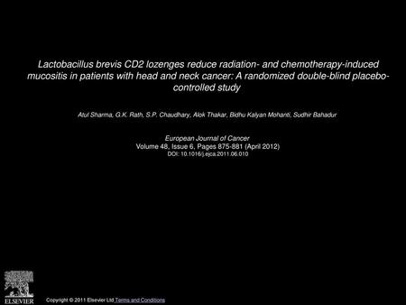 Lactobacillus brevis CD2 lozenges reduce radiation- and chemotherapy-induced mucositis in patients with head and neck cancer: A randomized double-blind.