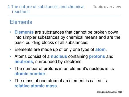 Elements 1 The nature of substances and chemical Topic overview