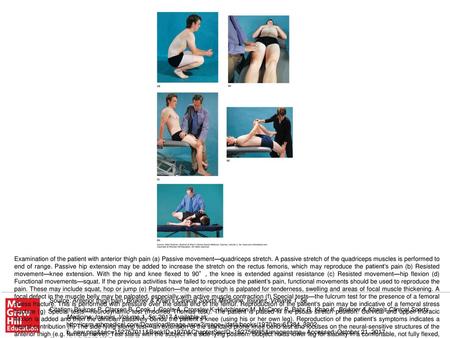 Examination of the patient with anterior thigh pain (a) Passive movement—quadriceps stretch. A passive stretch of the quadriceps muscles is performed to.