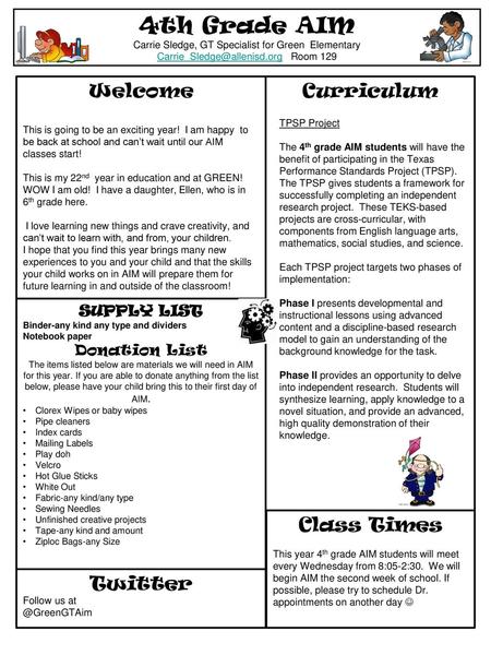 4th Grade AIM Welcome Curriculum Class Times Twitter SUPPLY LIST