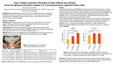Email; info@clinicatanaka.jp Type I collagen production stimulation of water-filtered near-infrared shown through gene expression changes in a 3-dimensional.