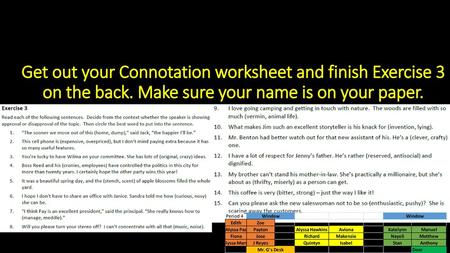 Get out your Connotation worksheet and finish Exercise 3 on the back