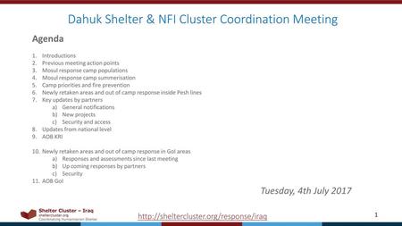 Dahuk Shelter & NFI Cluster Coordination Meeting