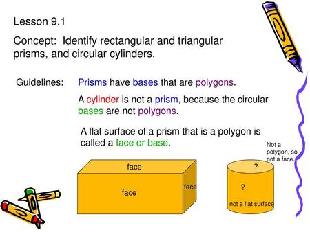 Lesson 9.1 Concept: Identify rectangular and triangular prisms, and circular cylinders. Guidelines: 	Prisms have bases that are polygons. A cylinder.