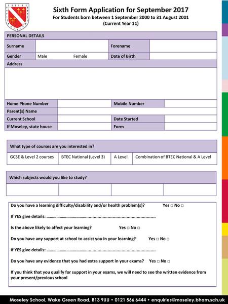 Sixth Form Application for September 2017