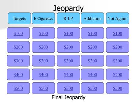 Jeopardy Final Jeopardy Targets R.I.P. Addiction Not Again! $100 $100