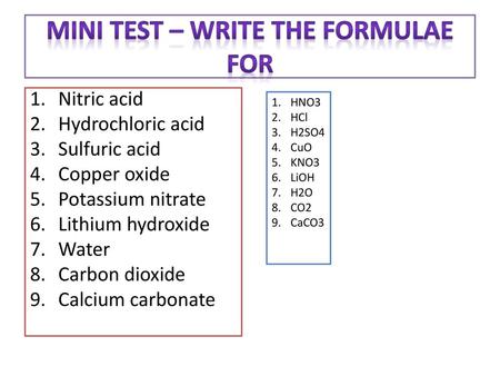 Mini test – write the formulae for