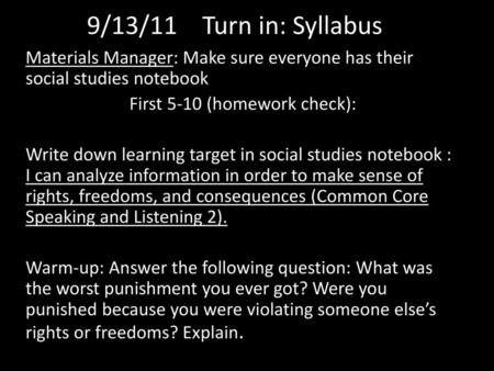 First 5-10 (homework check):