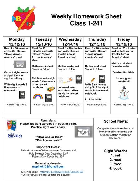 Weekly Homework Sheet Class 1-241